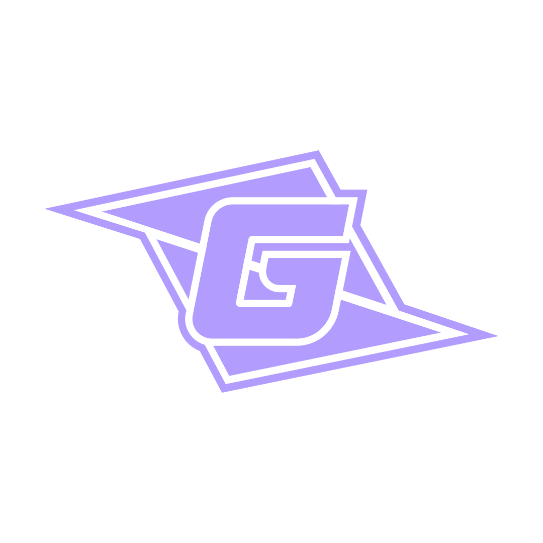 A stylized logo with a purple letter G over a folded paper airplane on a black background.