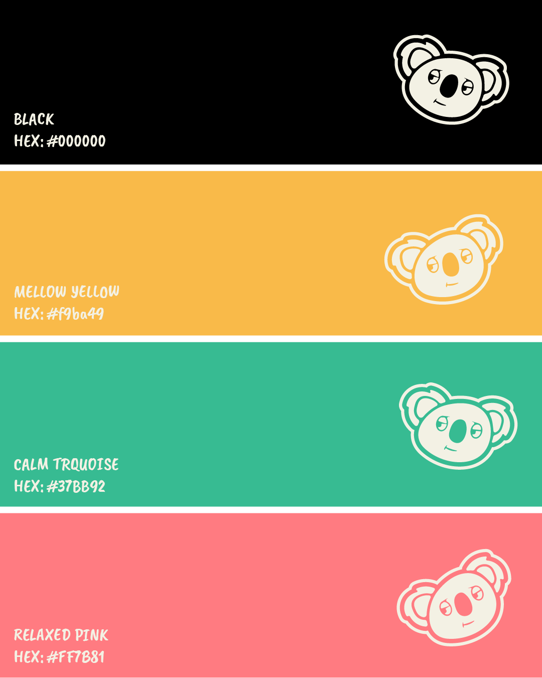 Color palette with four horizontal stripes featuring koala faces: black with hex #000000, mellow yellow with hex #f9ba49, calm turquoise with hex #37bb92, and relaxed pink with hex #ff7b81.