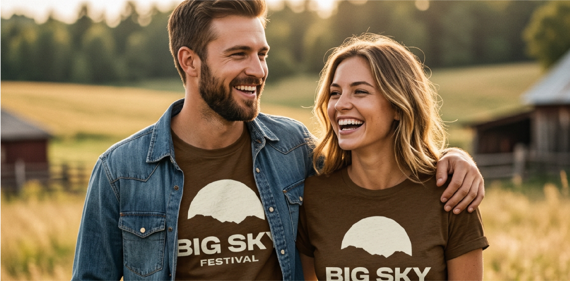 A smiling couple walking outdoors during sunset, with the man having his arm around the woman's shoulders. Both are wearing matching brown T-shirts with a white mountain graphic and the words "BIG SKY FESTIVAL". The woman has wavy blond hair, and the man has short brown hair and a beard. The background features a rural landscape with blurred trees and a barn.