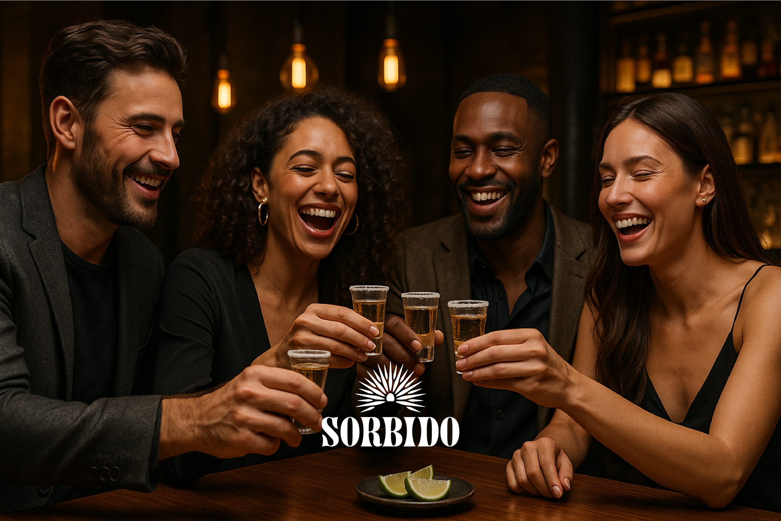 Group of four friends enjoying drinks together in a bar, smiling and toasting with shot glasses, with lime wedges on the table.
