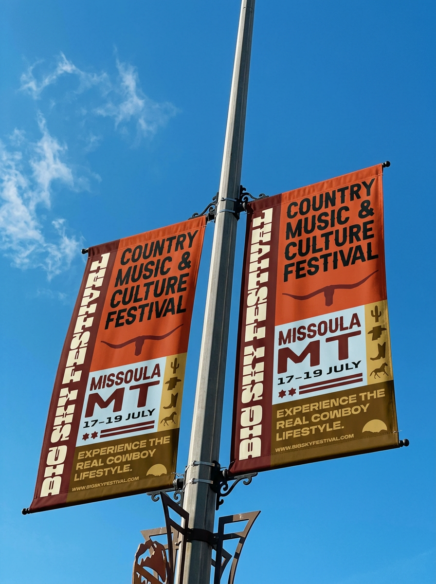 Flags advertising the country music and culture at the Big Sky Festival in Montana.