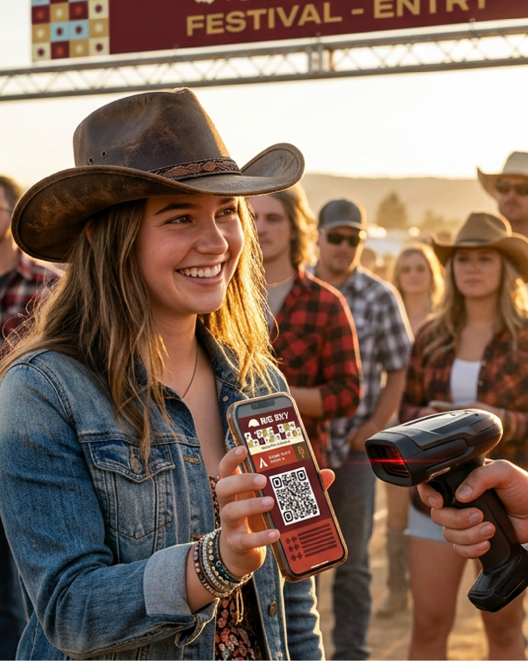 Young woman at a festival showing a digital ticket on her phone, while a person scans her ticket with a barcode scanner. She is wearing a cowboy hat and denim jacket, with several bracelets on her wrist. In the background, other people are standing, some wearing cowboy hats and plaid shirts, against a sunset setting.