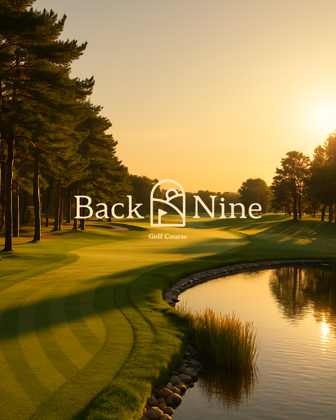Sunset over the green fairway of Back Nine Golf Course with tall trees and a pond, featuring the course's logo in the center.