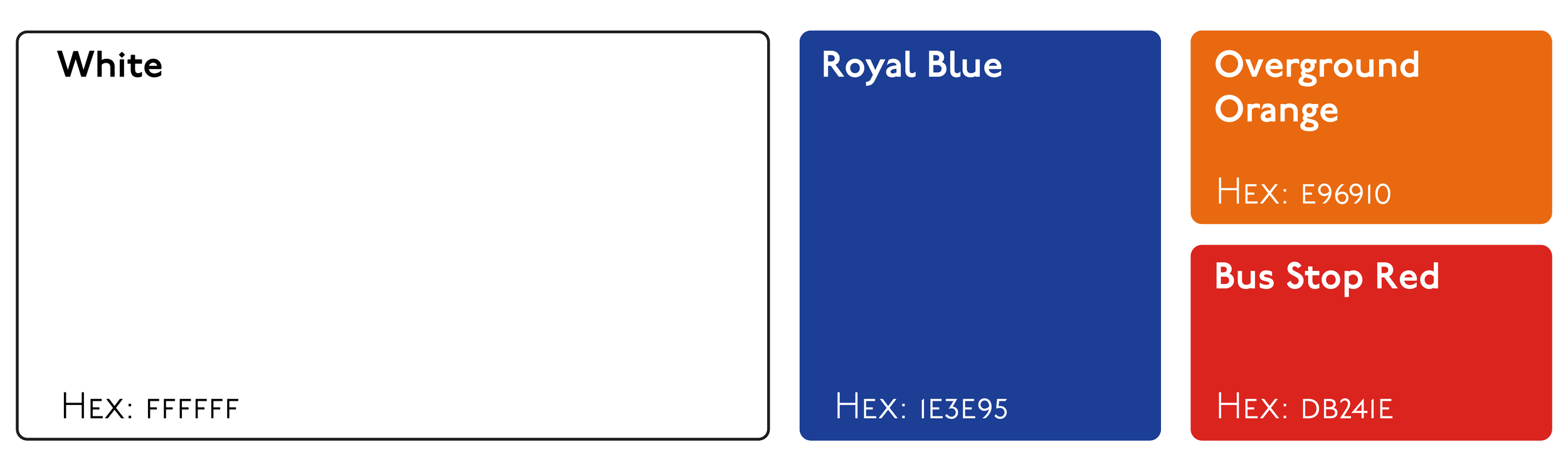 Color guide showing color names and hex codes: White (#FFFFFF), Royal Blue (#1E3E95), Overground Orange (#E96910), Bus Stop Red (#DB4E).