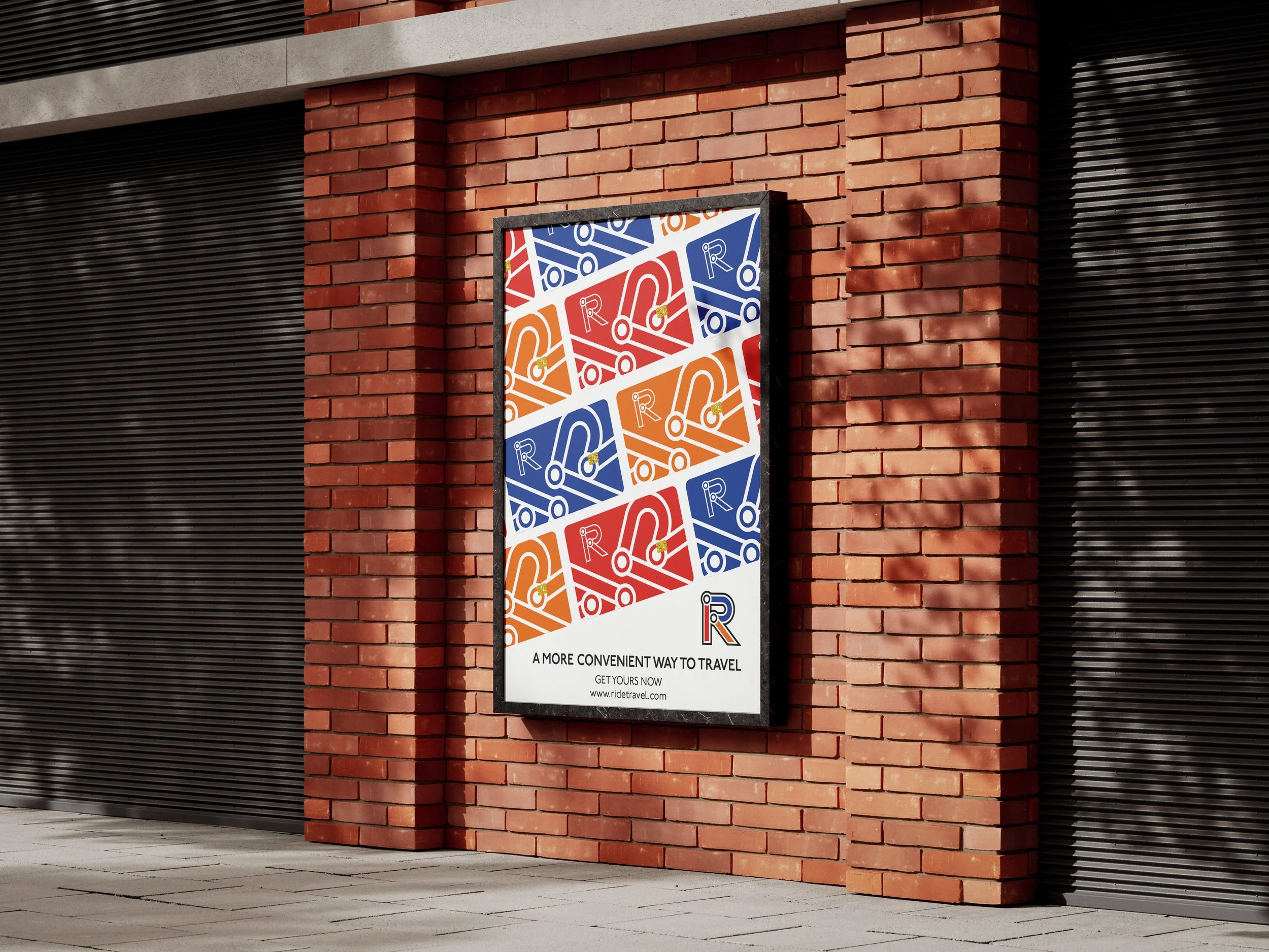 A promotional poster mounted on a brick wall advertising Ride Travel, a transportation service. The poster features colorful icons of scooters, motorcycles, and other vehicles, with the slogan 'A more convenient way to travel' and the website www.ridetravel.com.