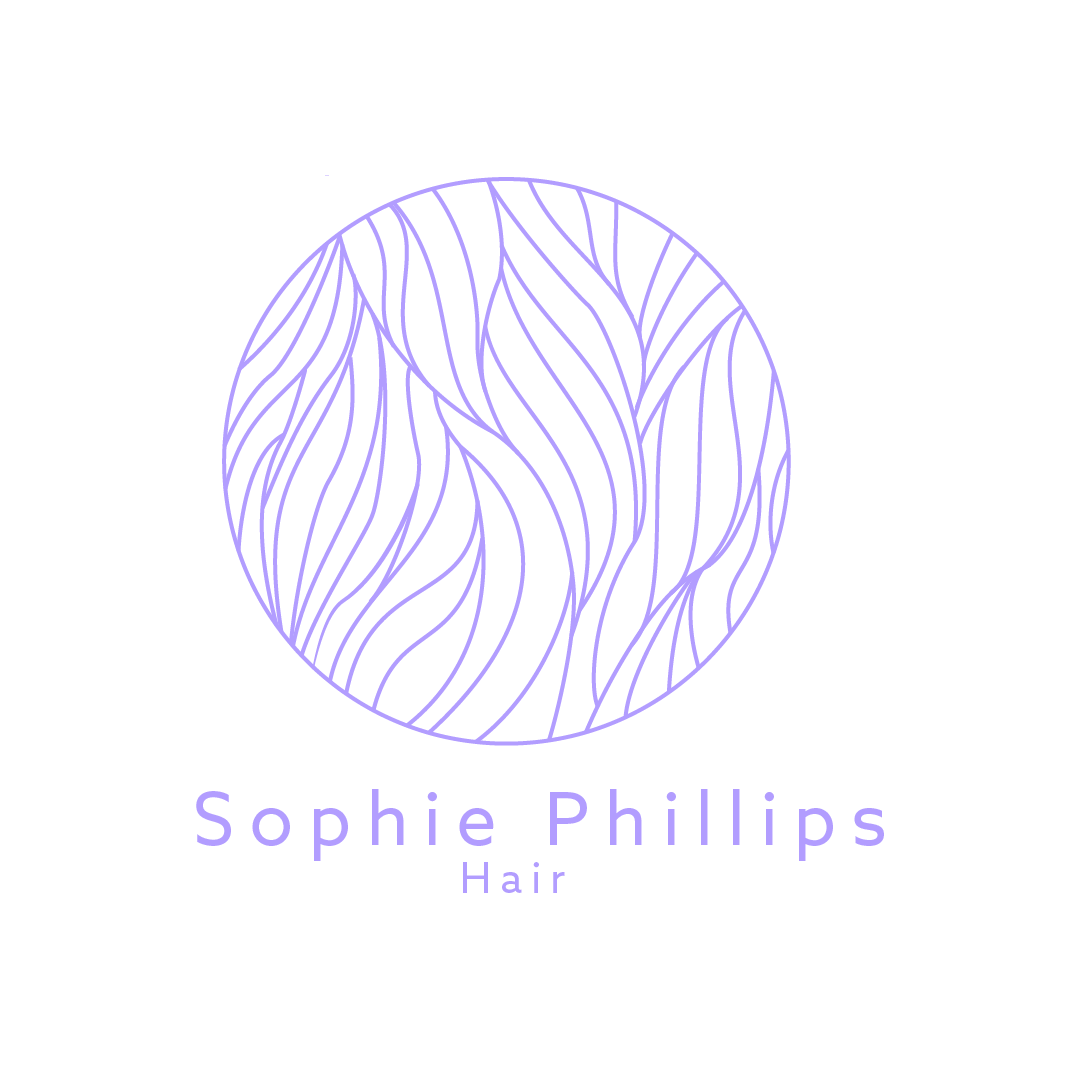 Logo for Sophie Phillips Hair featuring a purple circular design with flowing lines and the text "Sophie Phillips Hair" in purple on a black background.