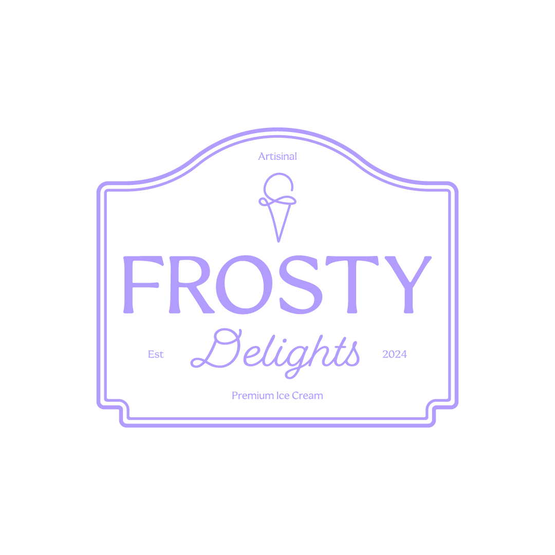 A black background with a pastel purple sign that reads 'Frosty Delights,' a small ice cream cone graphic above the text, and additional text 'Artisanal,' 'Est 2024,' and 'Premium Ice Cream.'