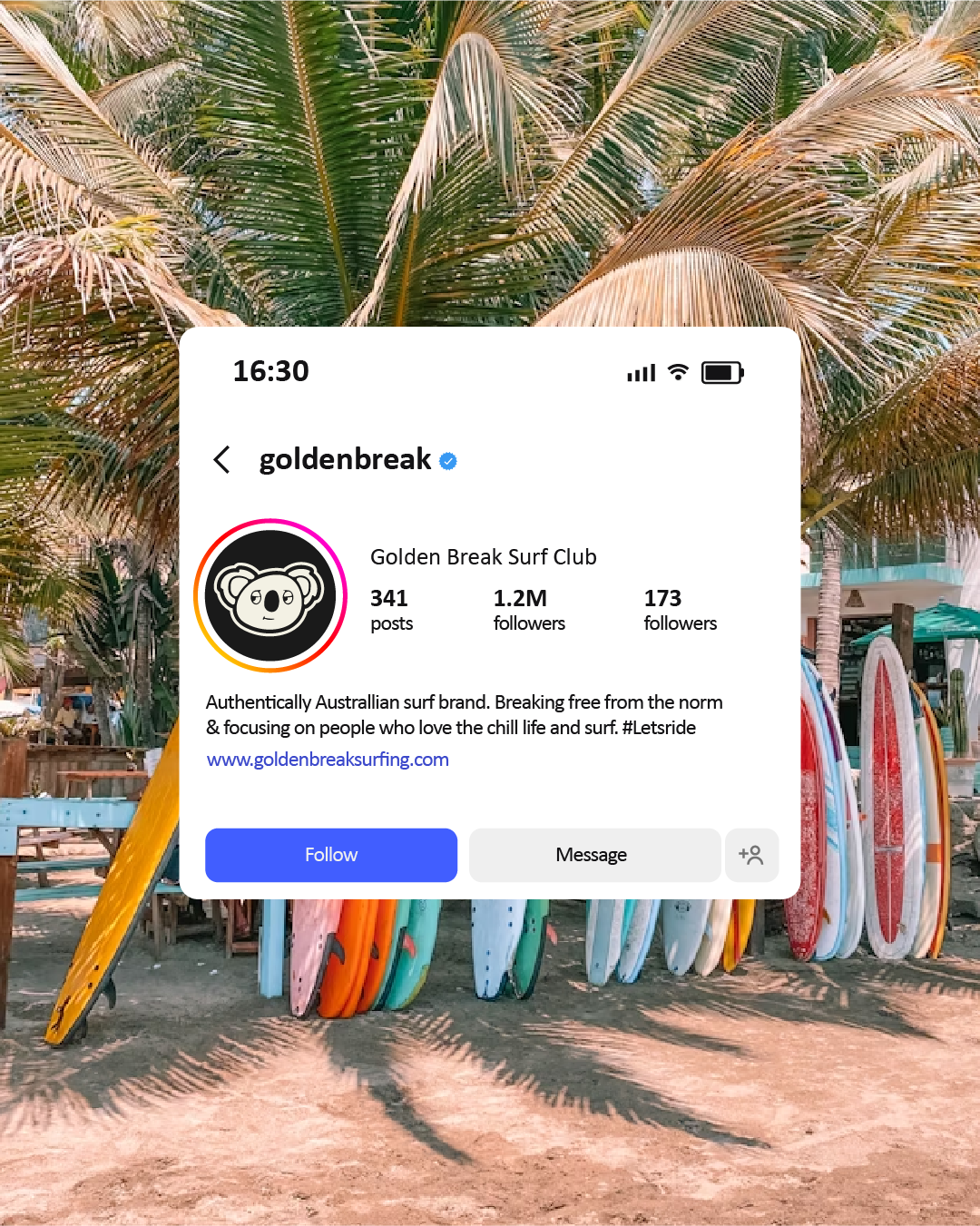 Instagram profile of Golden Break Surf Club with surfboards lined up on the beach, palm trees, and beachside buildings in the background.