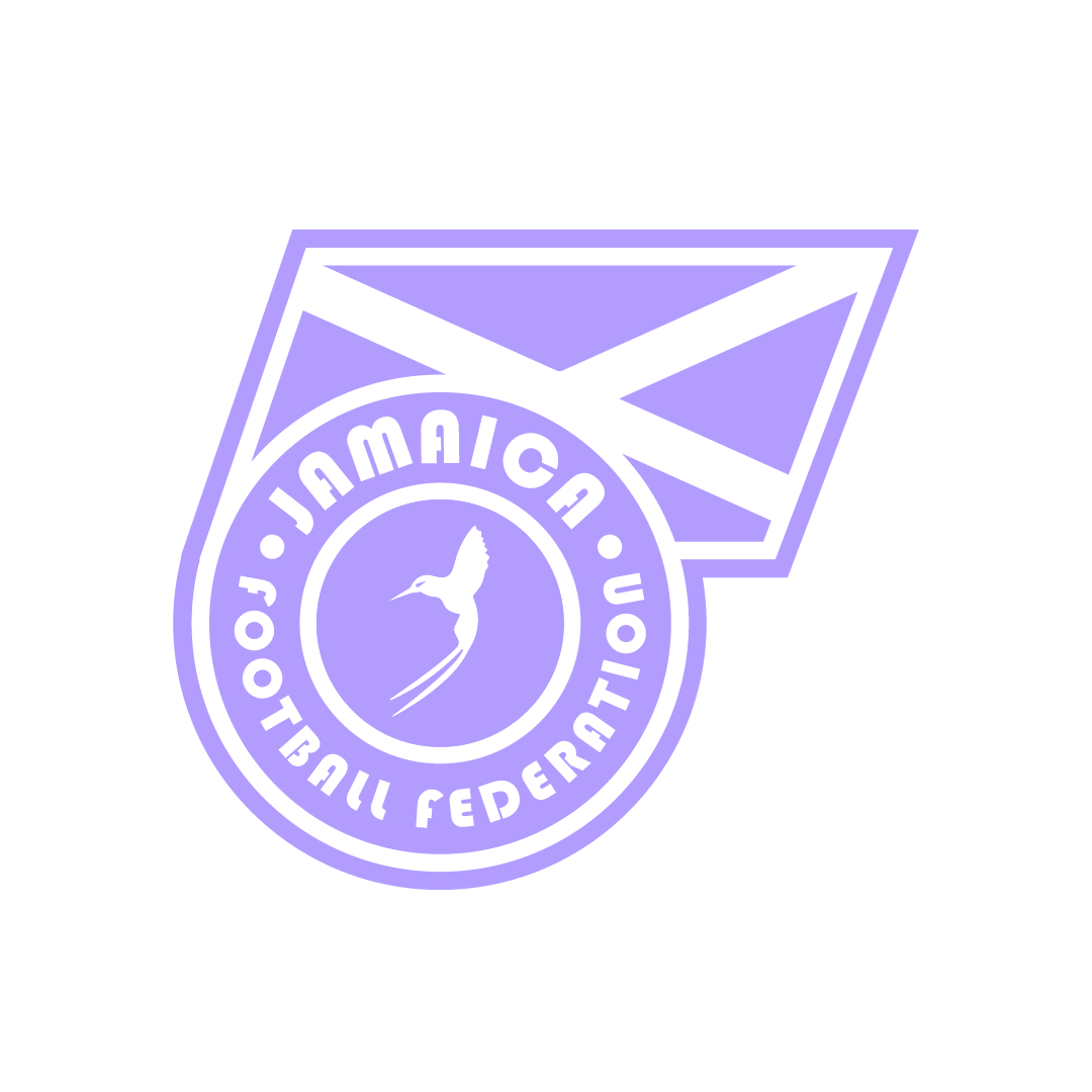 Graphic of a purple medal with a hummingbird in the center and the text "JAMAICA FOOTBALL FEDERATION" around it, attached to a ribbon or medal clasp.