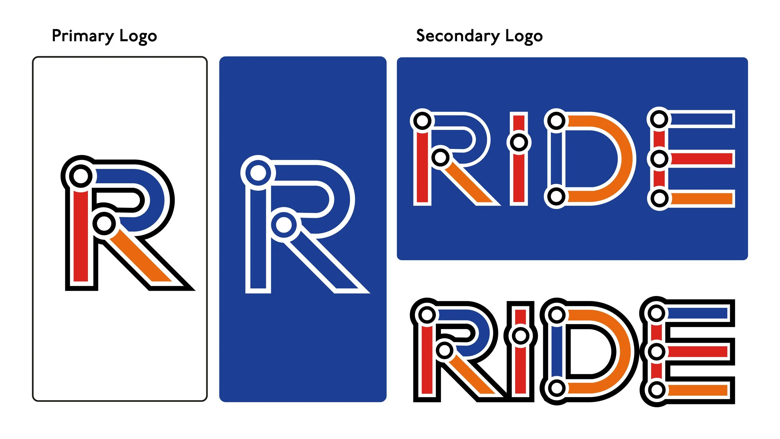 Design with the words 'RIDE' and 'RIDE' in colorful, circuit-like letters, labeled as primary and secondary logos, on a white and blue background.