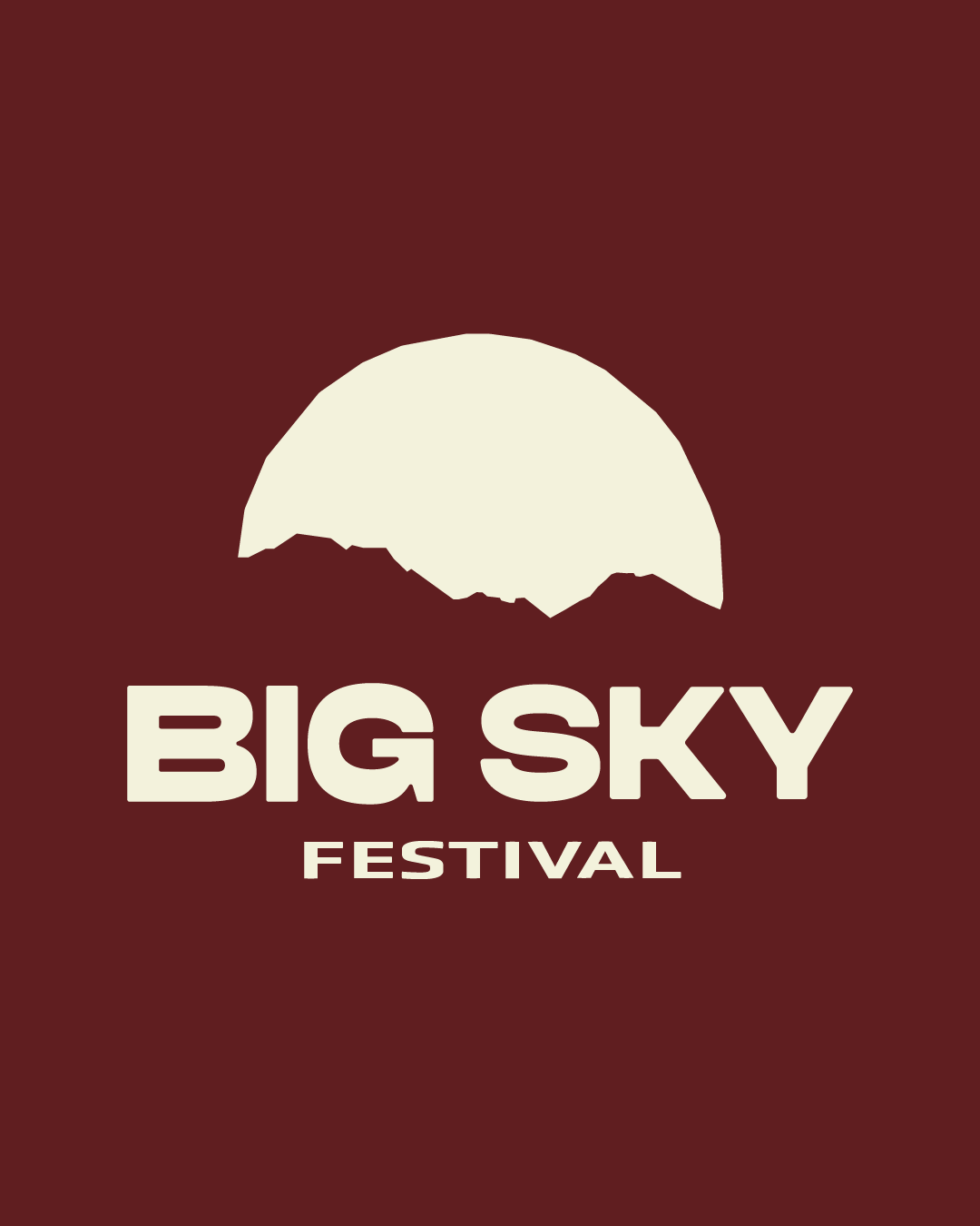 Logo for the Big Sky Festival with a silhouette of mountains and a sun or moon in the background, on a maroon background.