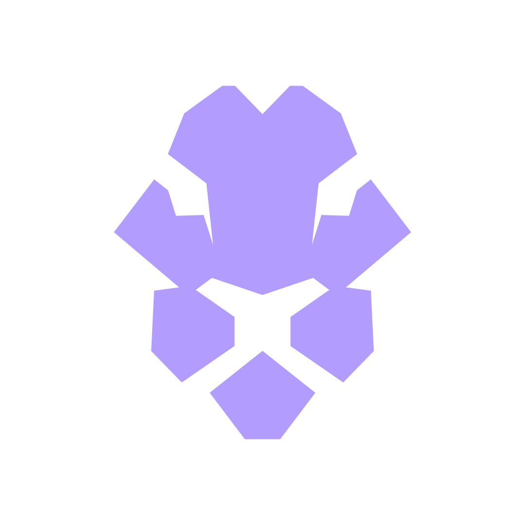 Abstract geometric design with purple shapes on a black background, resembling a stylized lion's face.