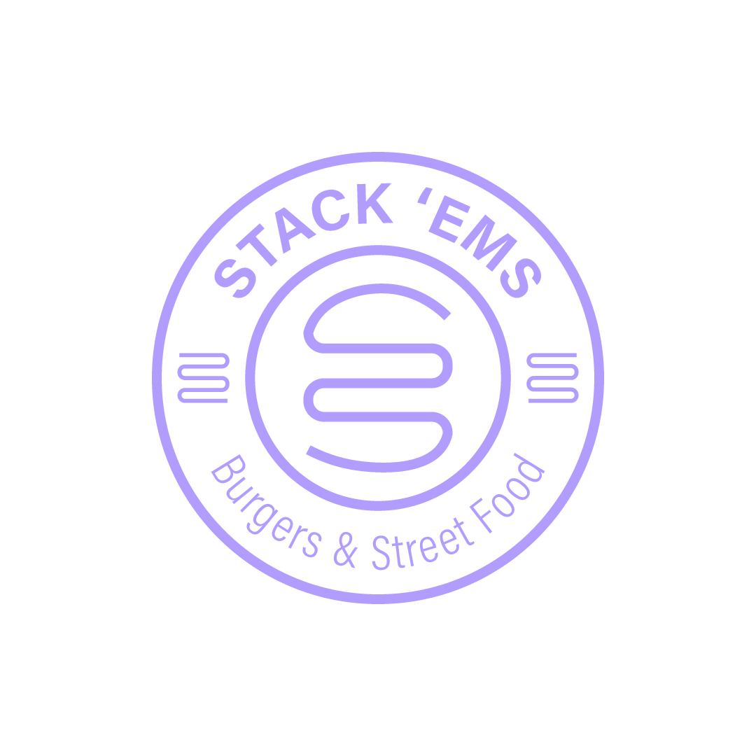 A circular logo with a black background featuring the text 'STACK 'EMS' at the top and 'Burgers & Street Food' at the bottom. The center has a stylized 'S' with a design resembling a DNA strand or burger pattern, all in purple.