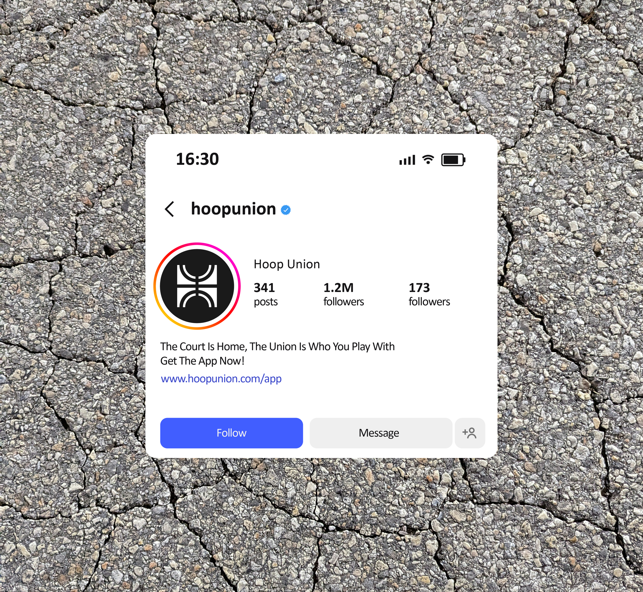 Close-up screenshot of a mobile phone displaying a TikTok profile page for 'hoopunion,' showing 341 posts, 1.2 million followers, and 173 following, against a cracked asphalt surface background.