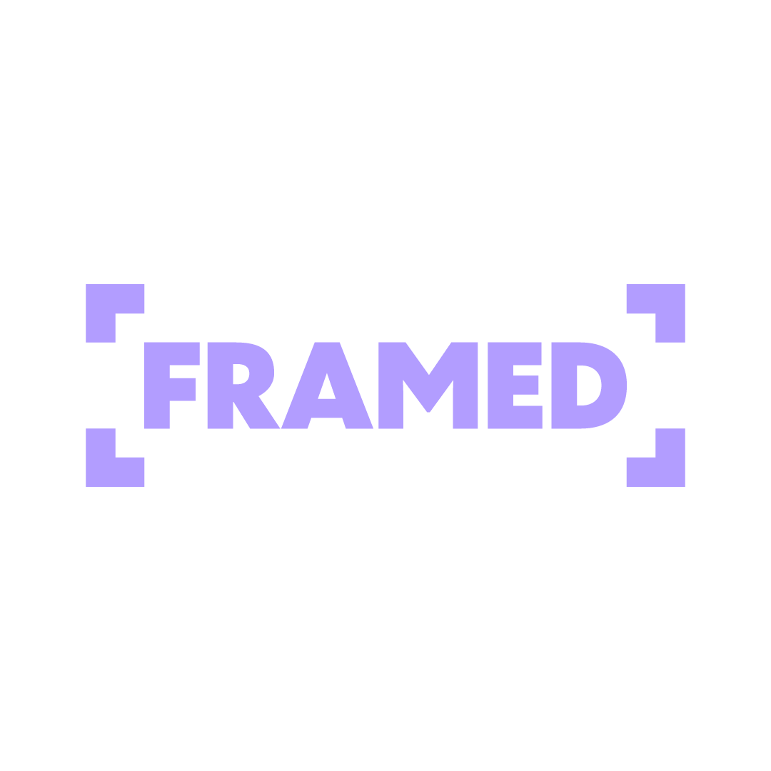The word 'FRAMED' in purple text inside a purple rectangular outline, on a black background.