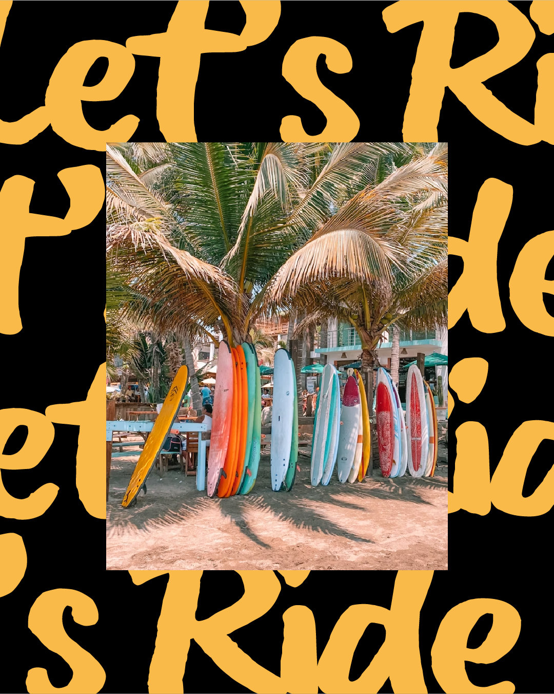 Colorful surfboards stand against palm trees on a sandy beach with a busy resort backdrop.