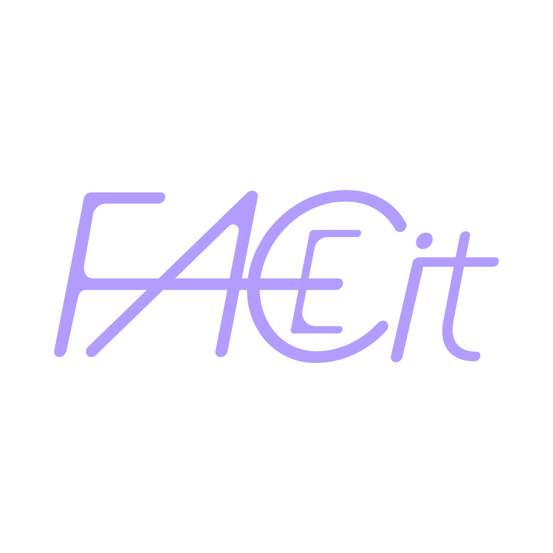 Neon sign with the text 'FACE it' in purple on a black background.