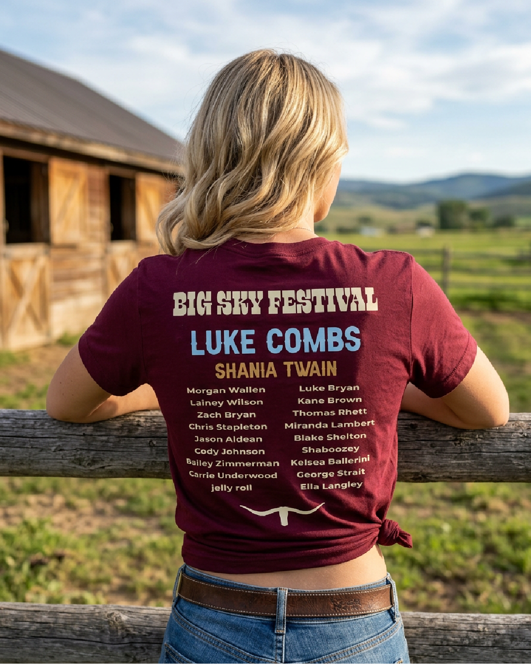 A woman wearing a maroon T-shirt with a list of names and event details on the back, standing outdoors on a farm, looking at fields and barns in the distance.