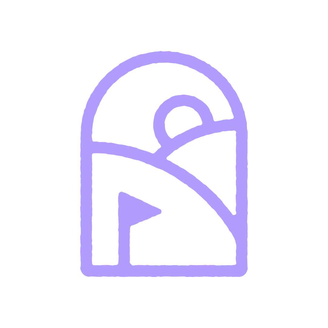 Line drawing of a stylized door in purple on a black background