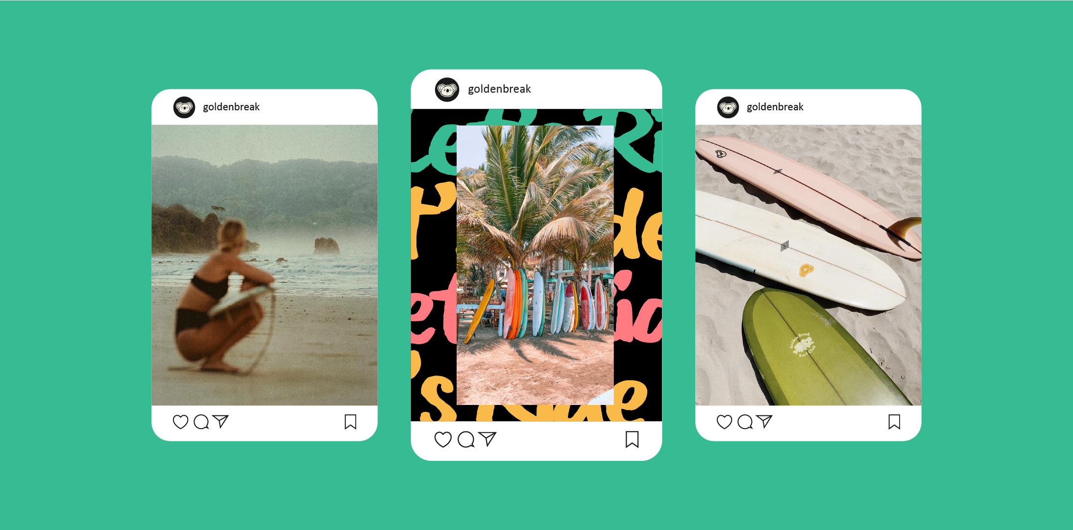 Three social media posts on a teal background, featuring a person on a beach, a row of surfboards under palm trees, and surfboards on sand.