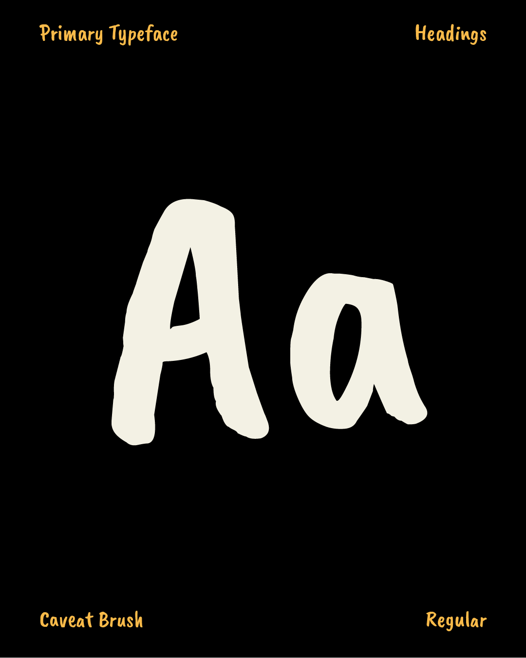 Illustration of the letter 'A' in a chalk-like font with the word 'Aa' in a larger size, showing font categories like Primary Typeface, Headings, Caveat Brush, and Regular.