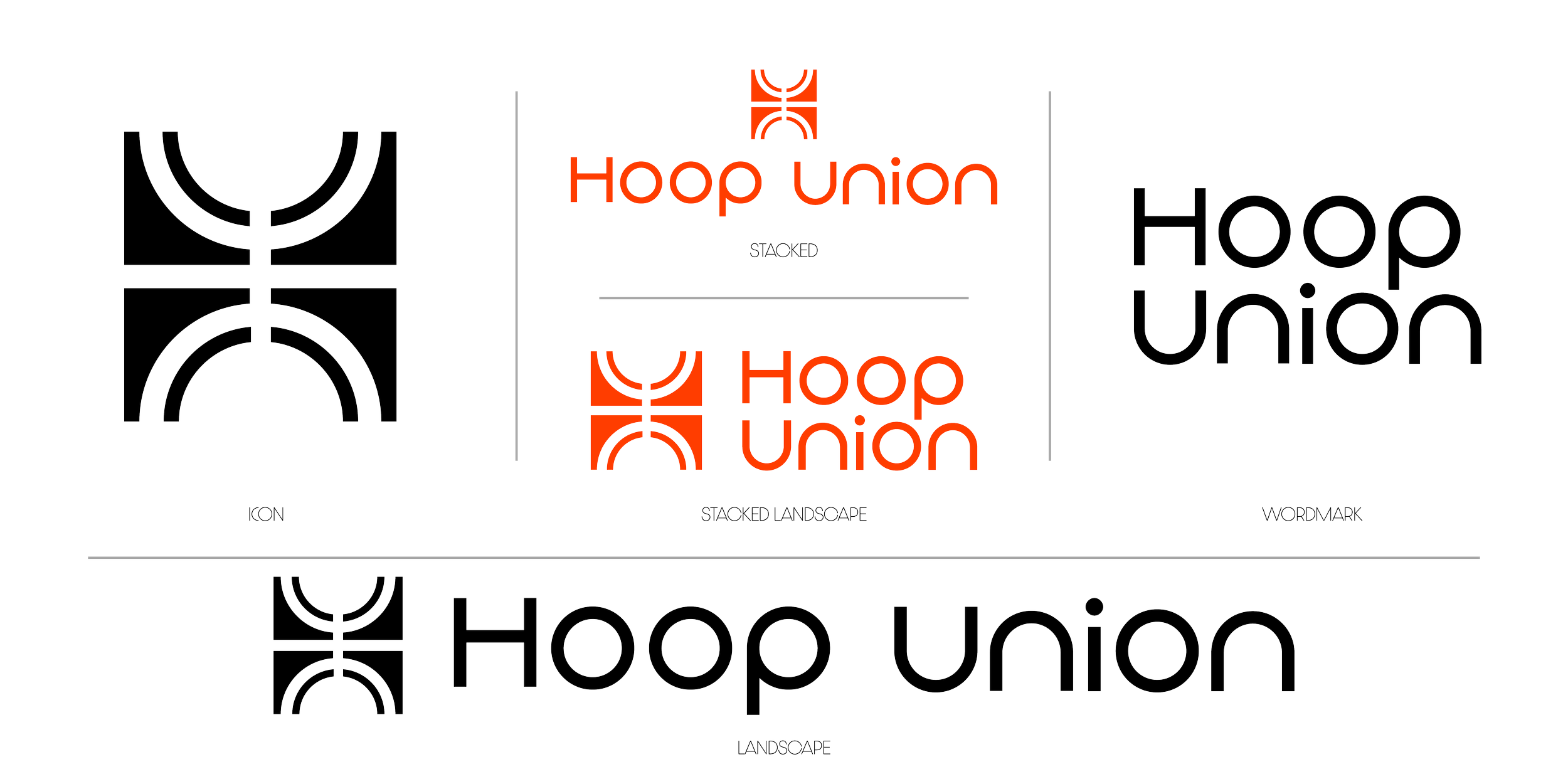Design concept for Hoop Union logo, featuring abstract hoop shapes, with the words 'Hoop Union' in orange and black, presented in icon, stacked landscape, wordmark, and landscape styles.