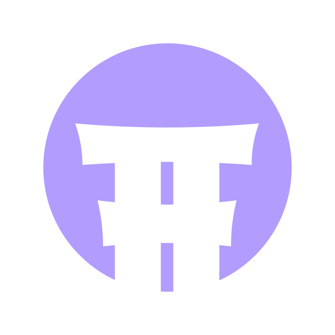 A logo with a purple circle background and a black stylized letter H in the center.