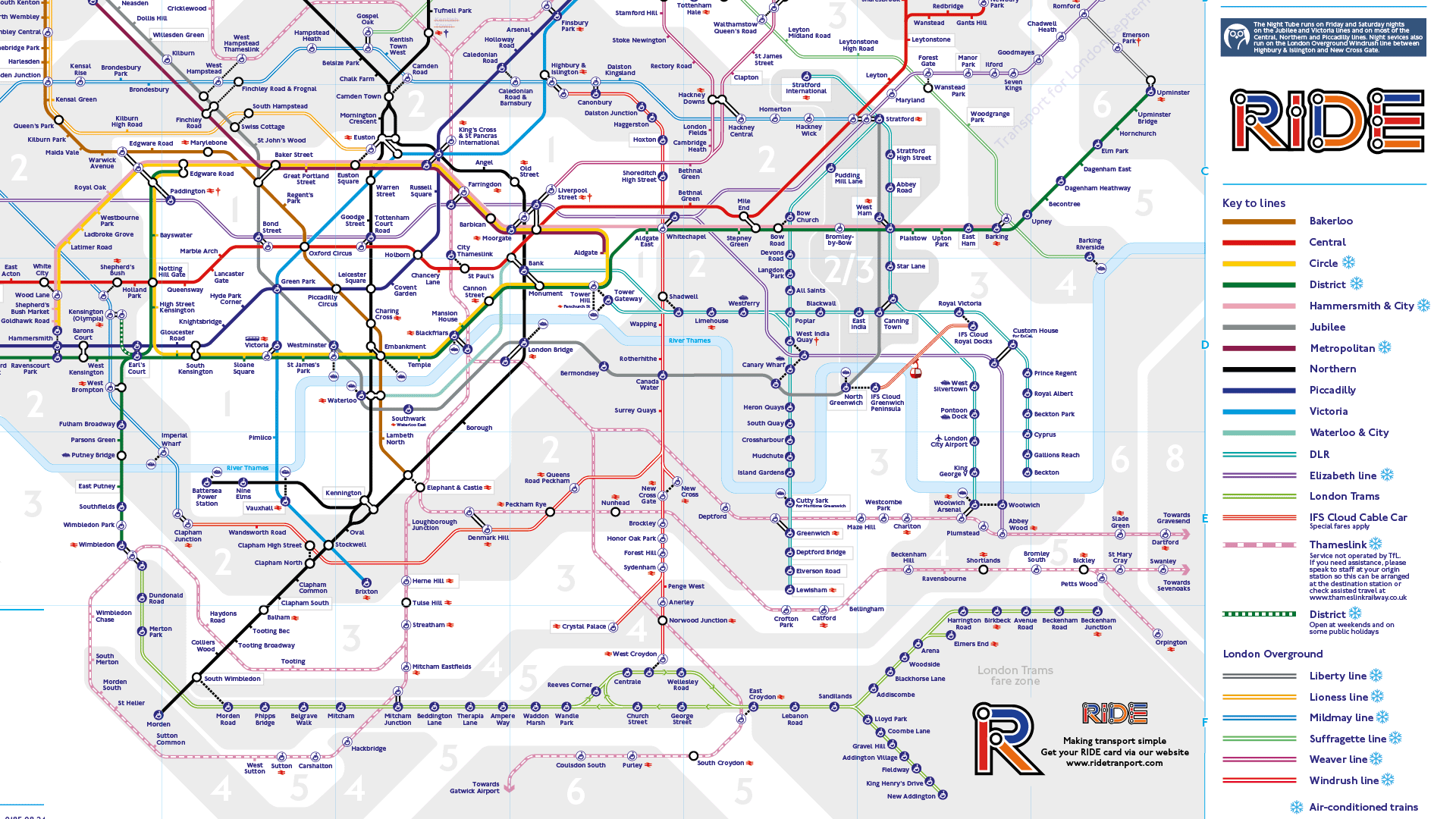 A detailed map of the London Underground transit system, showing various colored lines and station names, with key to lines and symbols indicating different train services.