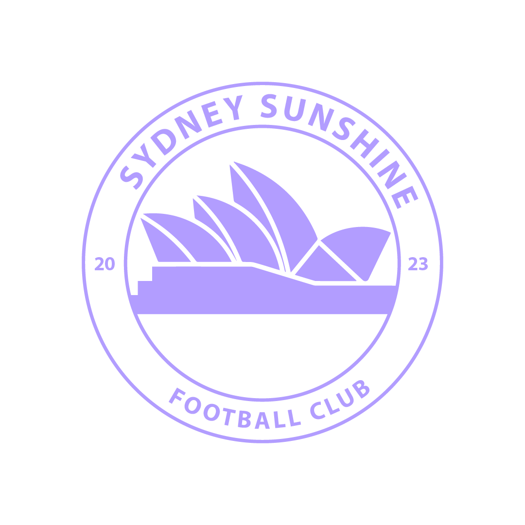 Sydney Sunshine Football Club logo featuring a stylized sunny landscape with sun rays and a field, with text around the circle reading 'Sydney Sunshine Football Club' and the years 2020 and 2023.
