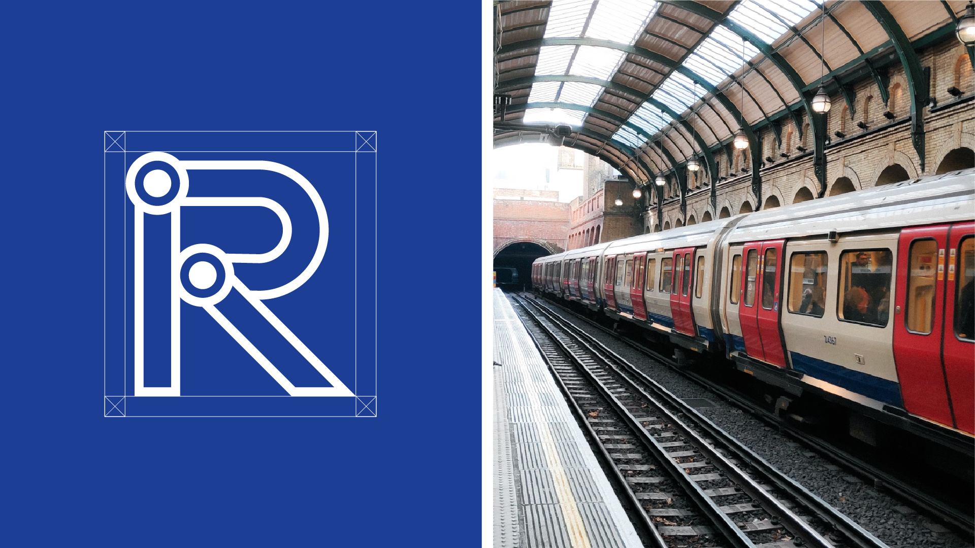 A blue poster with a white outline of a parking sign on the left side, and a photograph of a train station with a train on the right side.