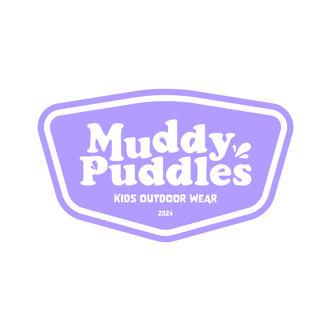 Logo for Muddy Puddles, Kids Outdoor Wear, 2024, in purple and black design.