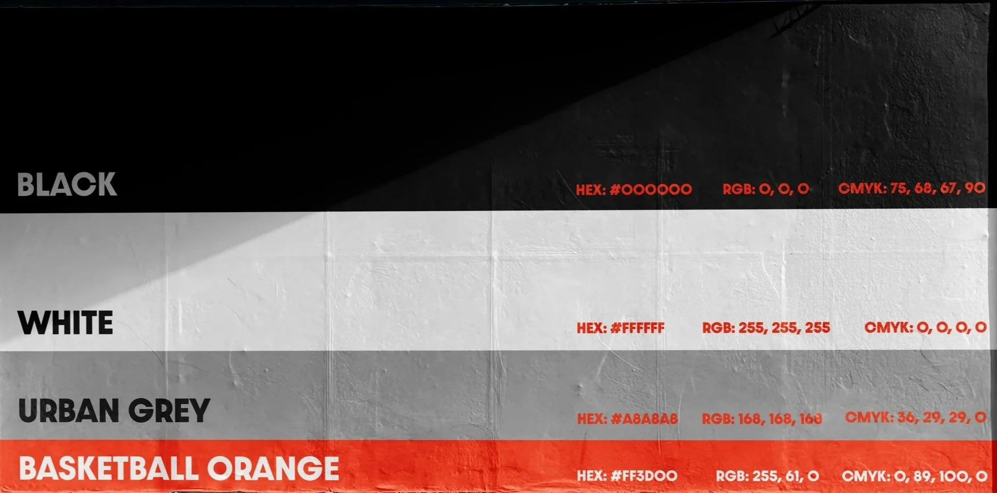 Color palette chart displaying black, white, urban grey, and basketball orange with their corresponding HEX, RGB, and CMYK color codes.