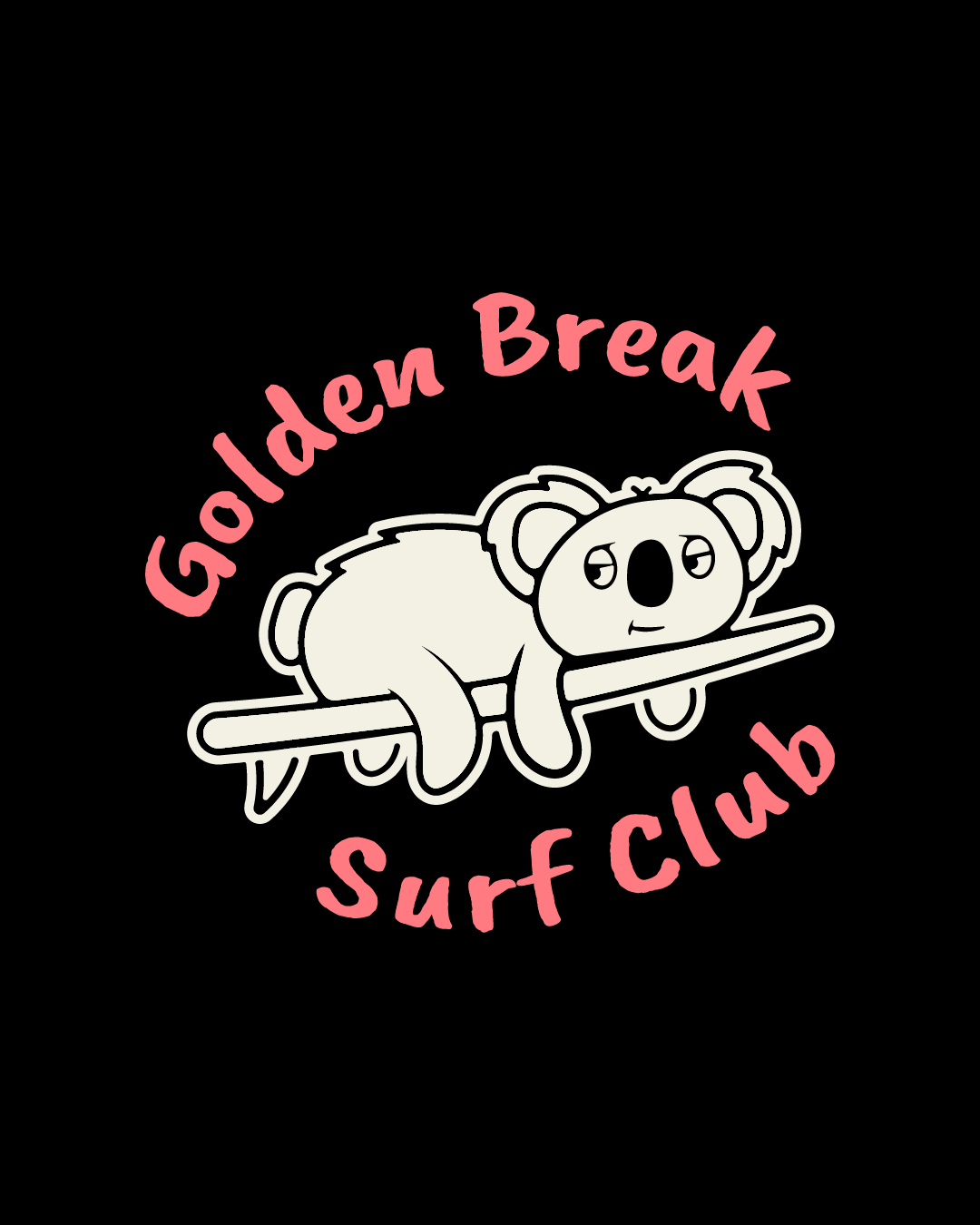 A cartoon koala lounging on a surfboard with the text 'Golden Break Surf Club' in pink around it.