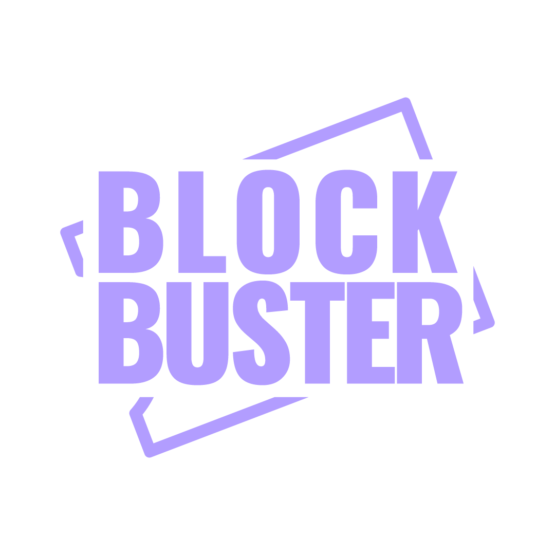 Purple text says 'BLOCK BUSTER' with a black background and irregular purple borders around the words.