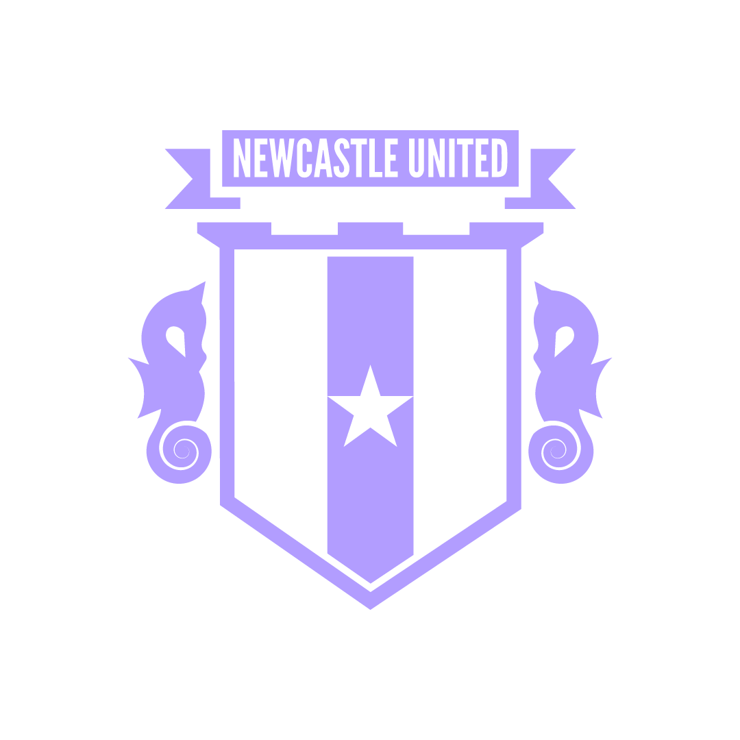 Graphic emblem of Newcastle United football club with shield, star, seahorses, and banner reading 'Newcastle United', in purple and black colors.
