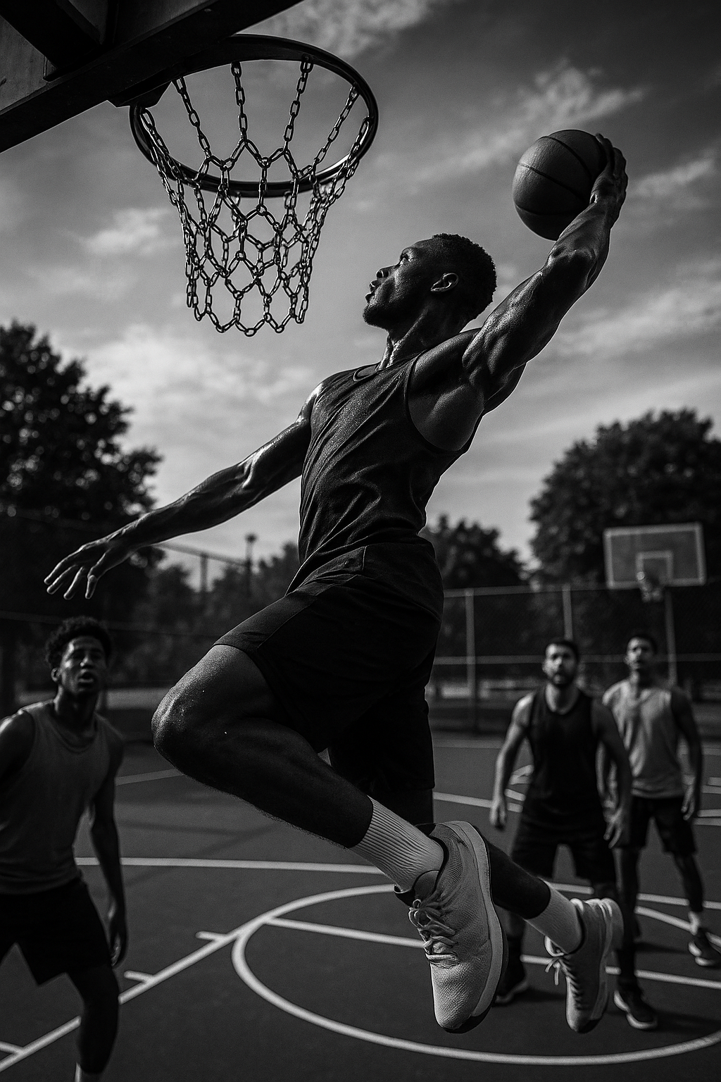 A man dunking a basketball during a game on an outdoor court, with three other players watching in the background, black and white photo.