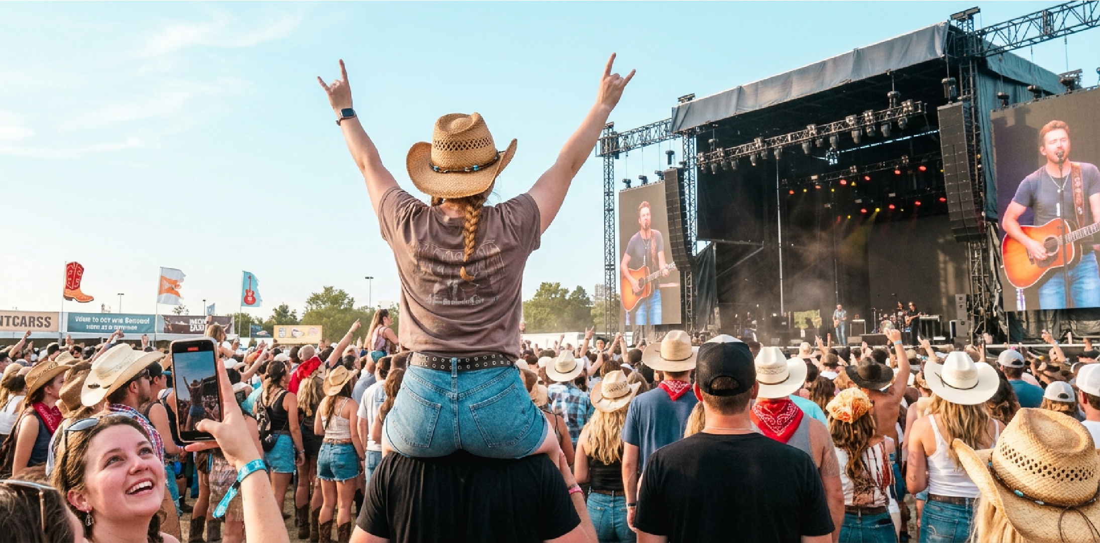 Large outdoor concert with a crowd, a woman on someone's shoulders raising her arms, a stage with musicians playing, and big screens showing the performers. Many people wear hats and are enjoying the music on a sunny day.