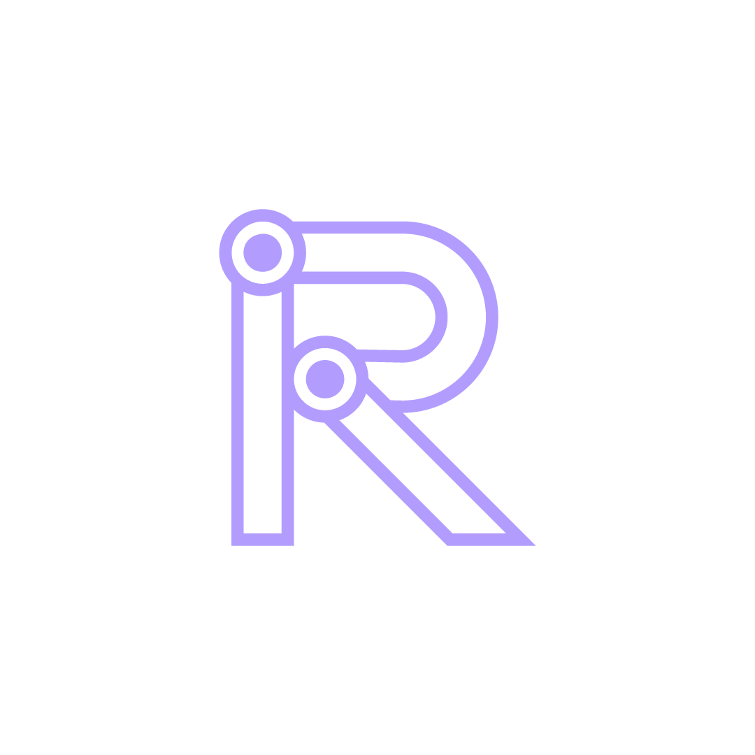 Stylized neon outline of the letter R on a black background.