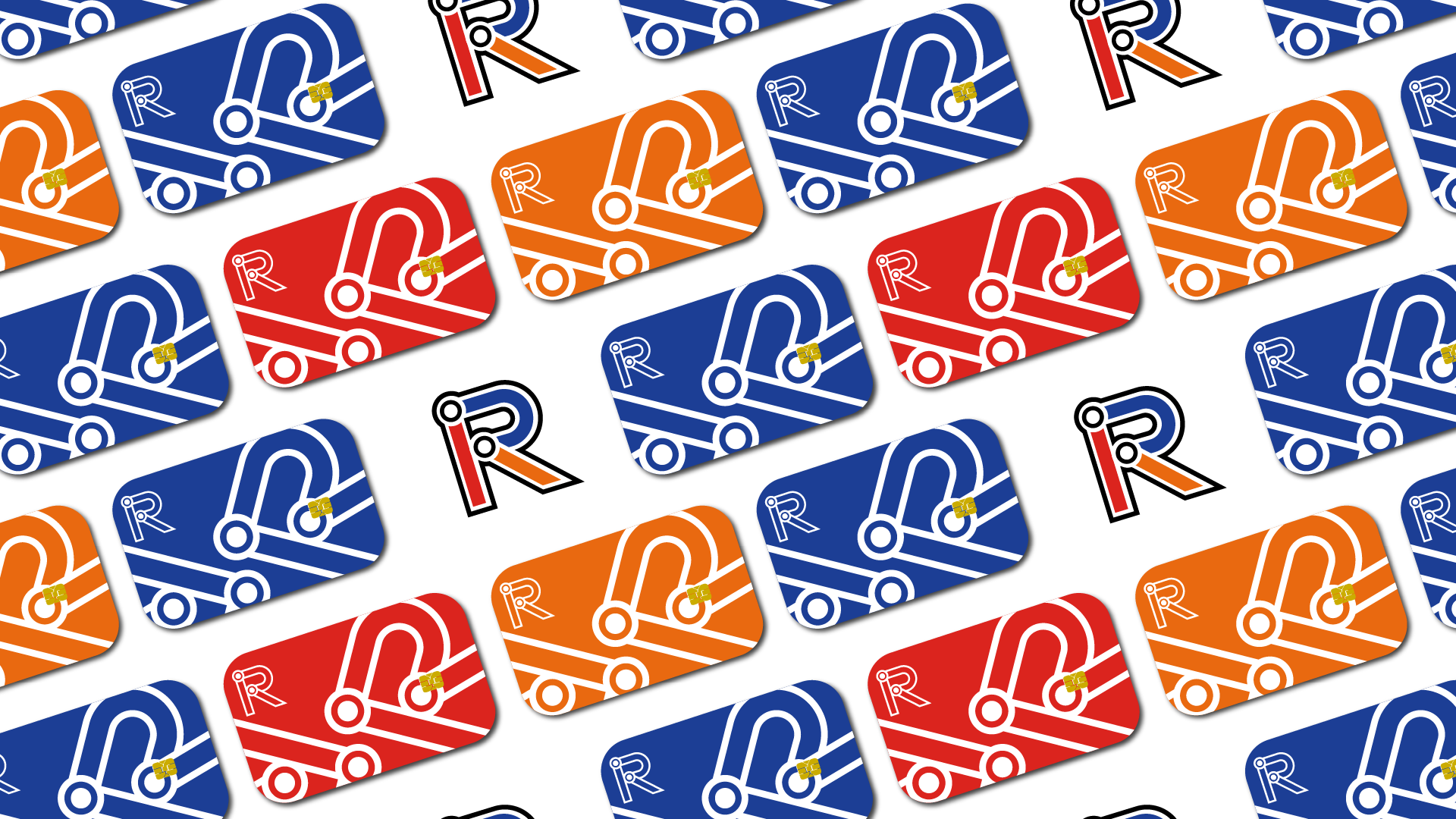 A repeating pattern of colorful trading cards featuring a line drawing of a race car, along with a stylized 'R' logo, in red, orange, and blue colors.