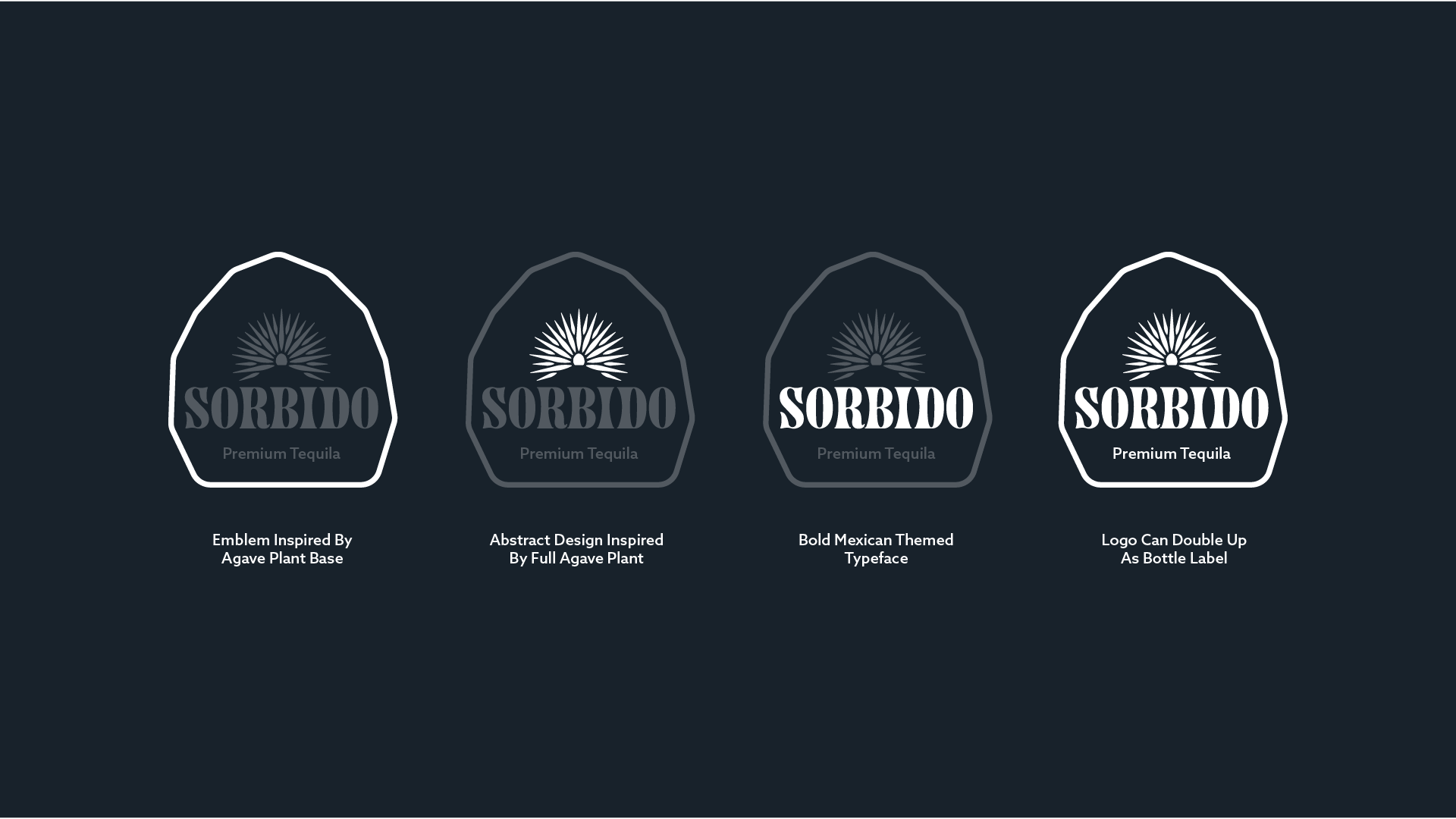 Four different tequila bottle labels with the word Sorbidoo, each with a unique design, below are descriptions of each label's design inspiration.