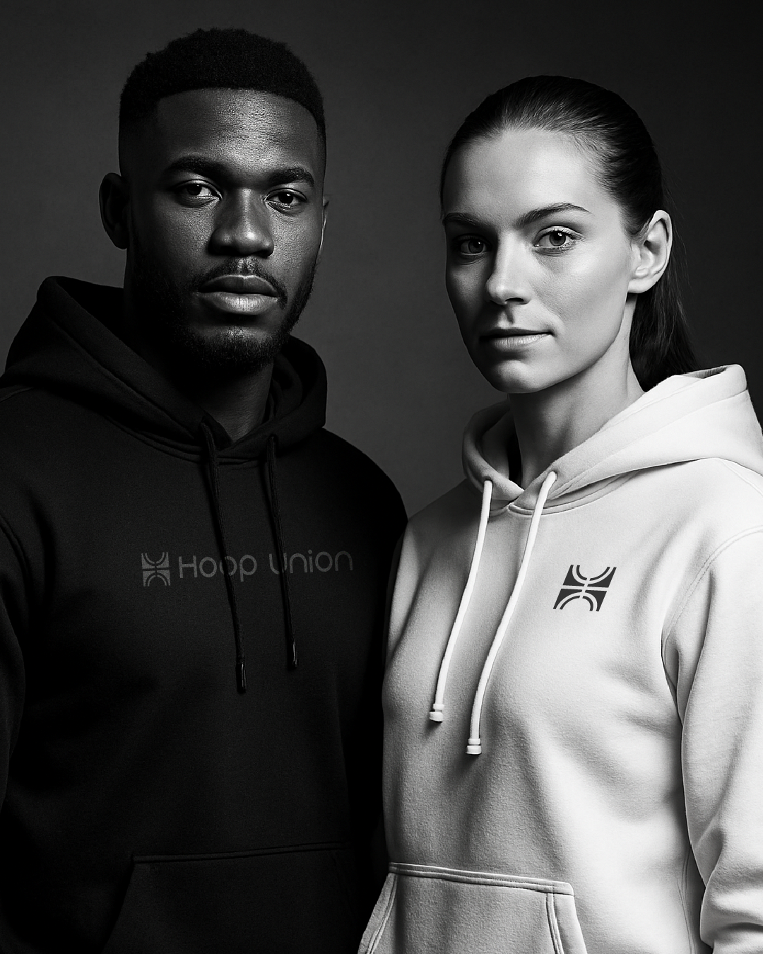 Black and white photo of a man and woman wearing hoodies with the Hoop Union logo, standing close together and looking at the camera.