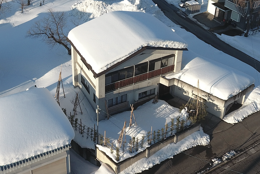 A two-story house with snow-covered roof and surrounding yard, with leafless trees, shrubs, and nearby street.