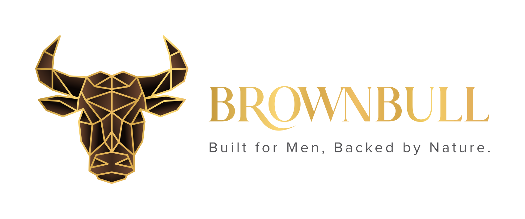 A geometric, stylized image of a bull's head in gold and dark brown with angular shapes. Next to it, the text reads 'BROWNBULL' in gold and 'Built for men, Backed by nature' in smaller font