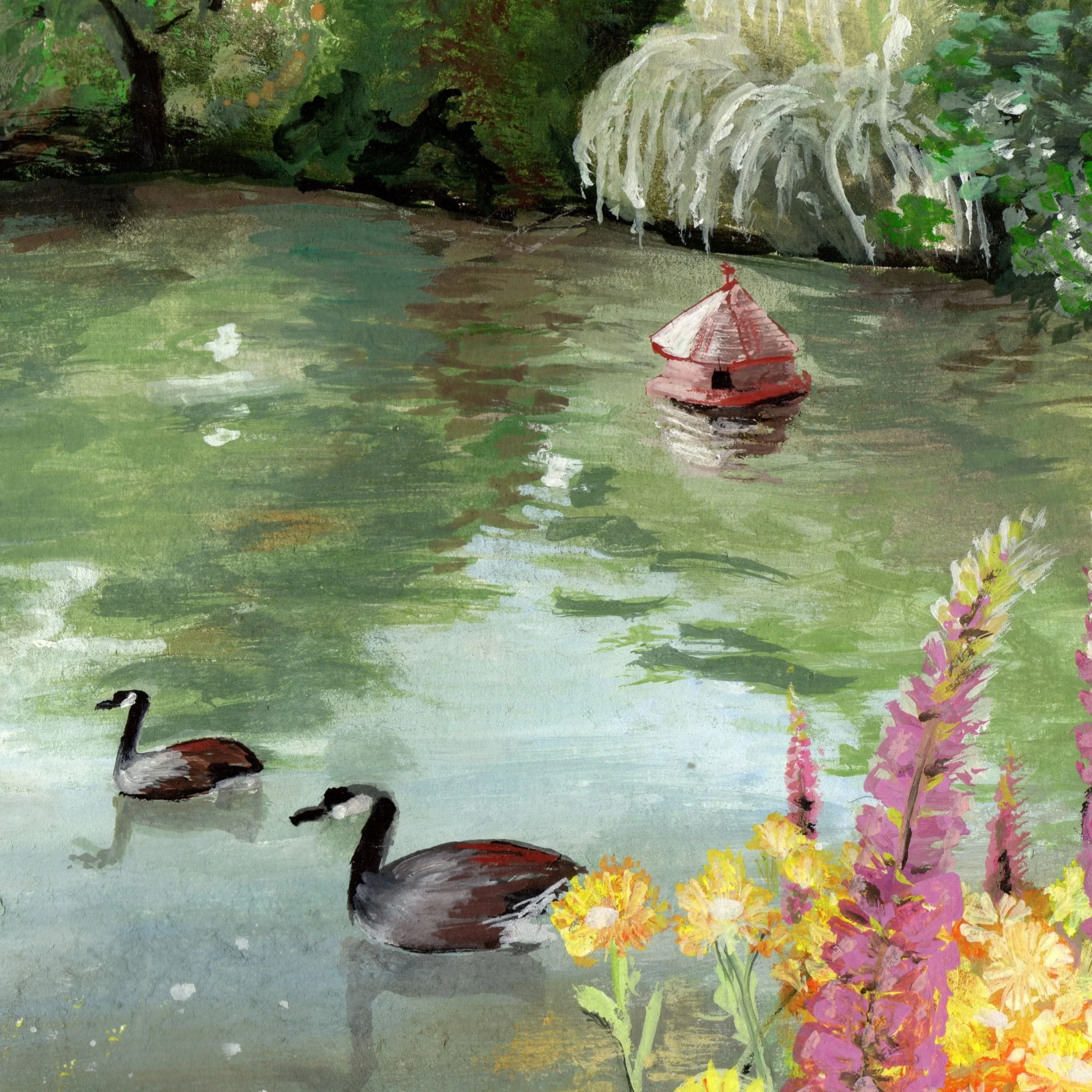 A pond with two geese swimming, a small red boat house on the water, vibrant pink and yellow flowers in the foreground, and lush green trees surrounding the scene.