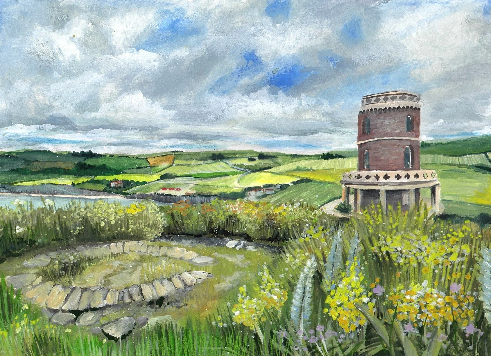 A watercolor painting of a countryside landscape with green rolling hills, a cloudy sky, and a cylindrical brick tower structure surrounded by wildflowers and a small stone-lined pond in the foreground.