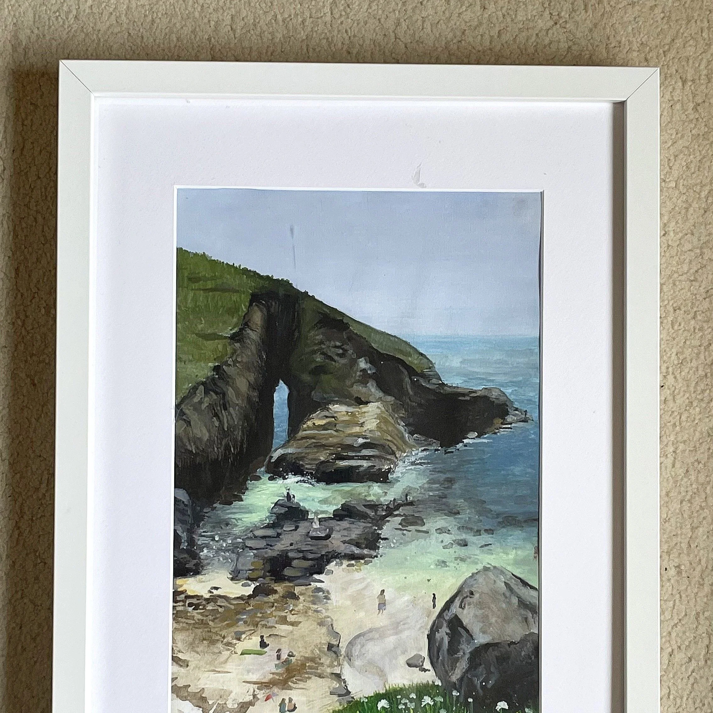Painting of a coastal landscape with cliffs, rock formations, and a sandy beach, with people relaxing and exploring on the shore.