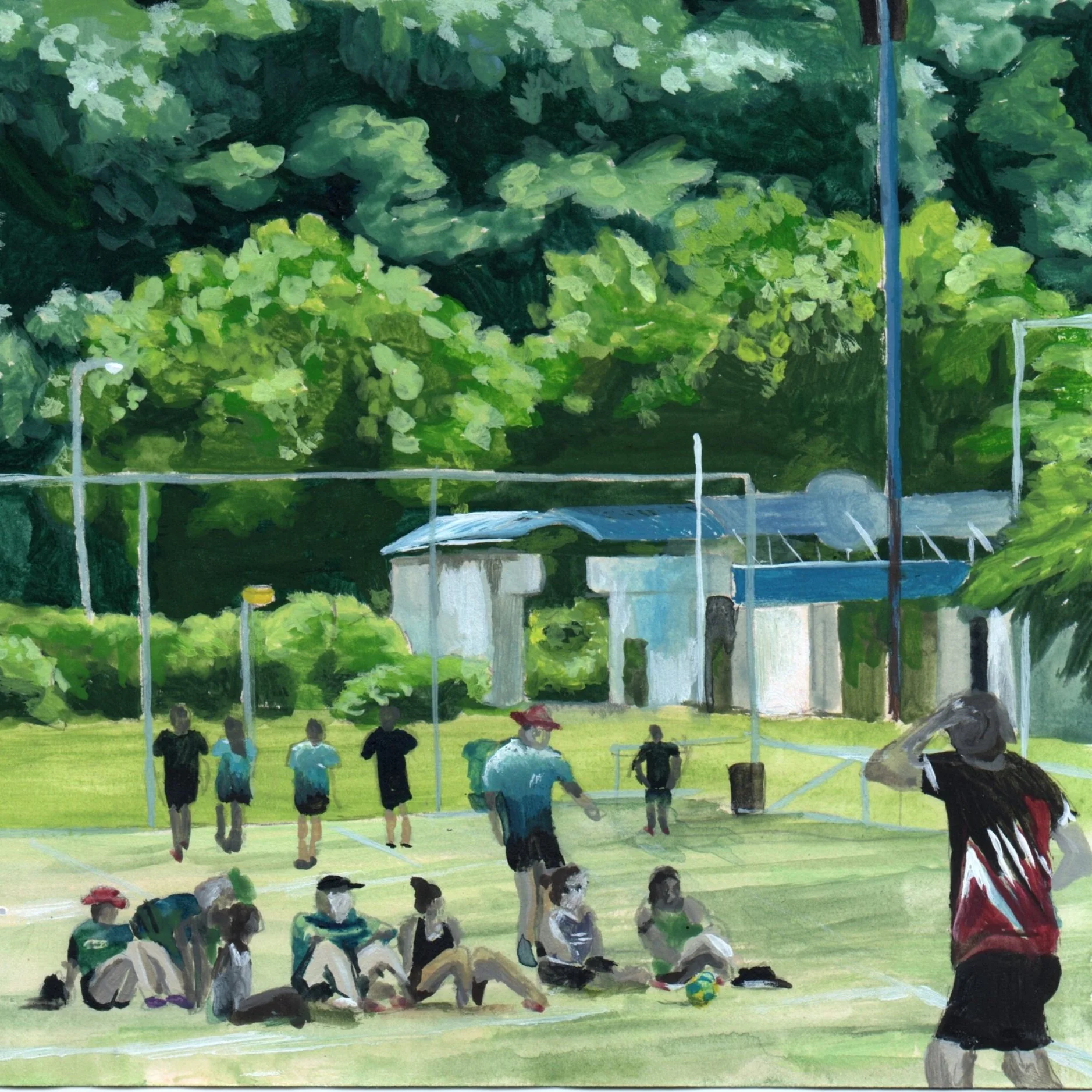 A watercolour painting of a group of children and adults playing and sitting on a tennis court surrounded by green trees, with some structures and light poles in the background.