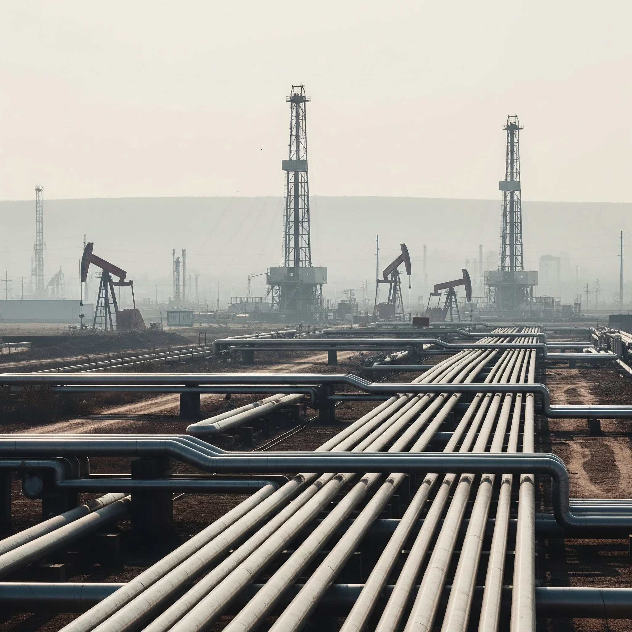 Oil drilling rigs and pipelines in an oil field under a hazy sky.