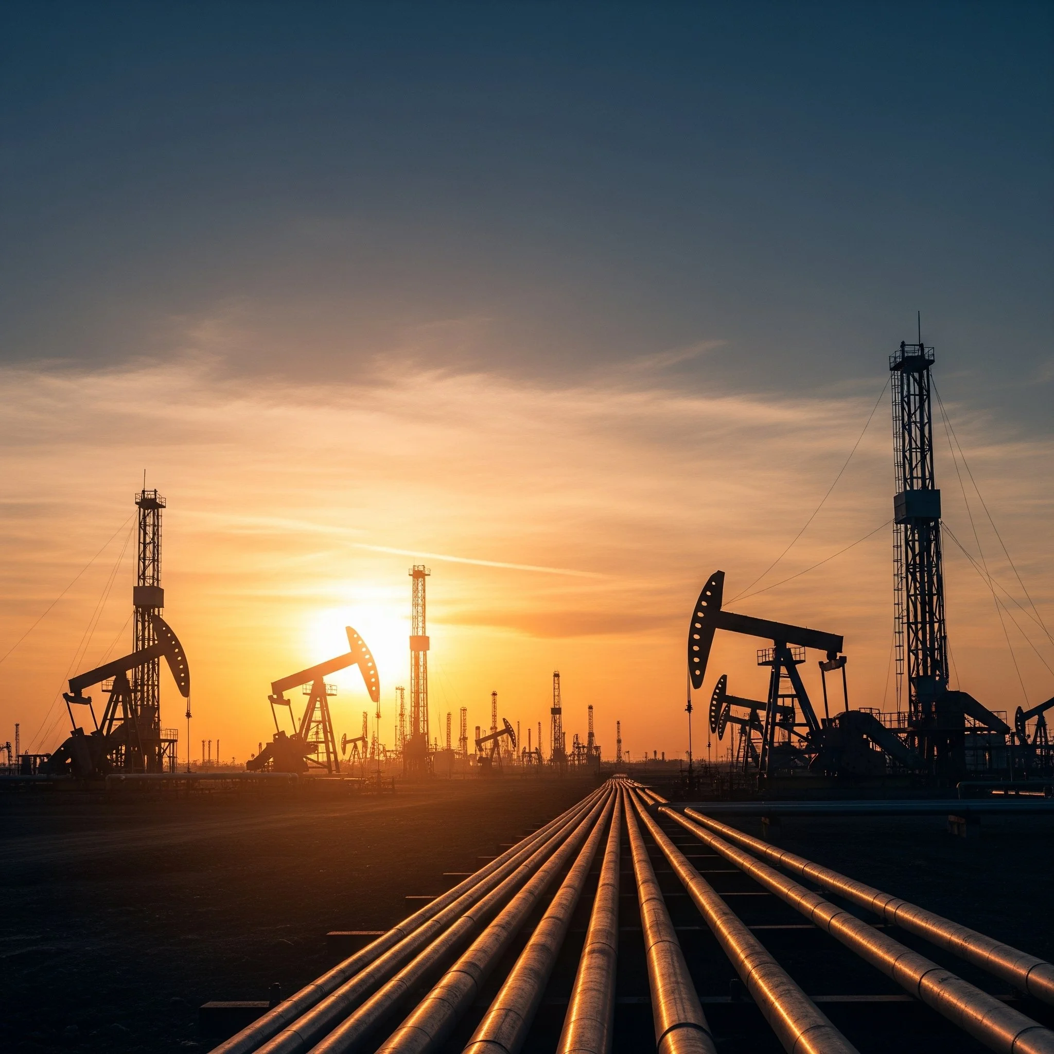 Oil drilling rigs at sunset with pipelines in foreground.