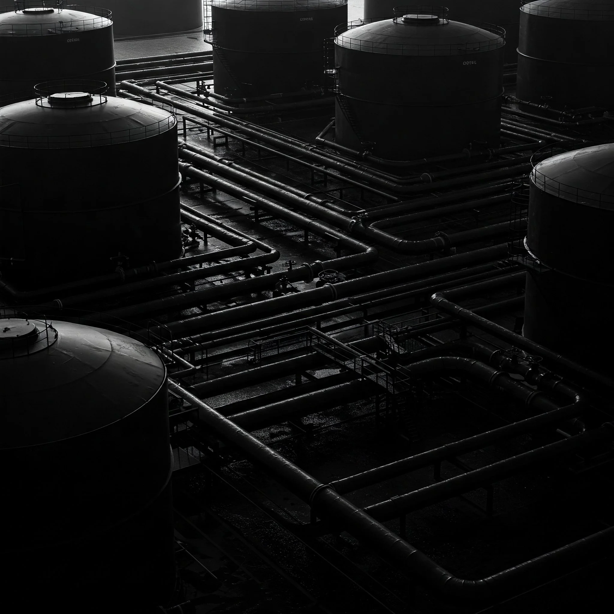 An industrial facility with large black storage tanks and an extensive network of pipes.